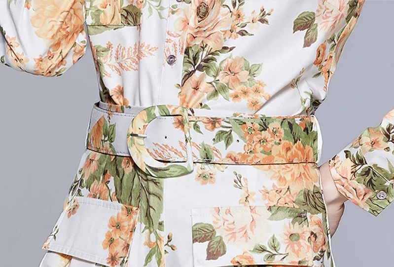 

2021 summer Fashion Runway 2 Piece Sets Women's Long Sleeve Flower Print Shirt Tops + Pocket Belted Shorts Sets