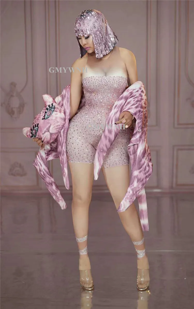 Женское боди для танцев Стразы T65 розовое костюм певицы с кристаллами одежда