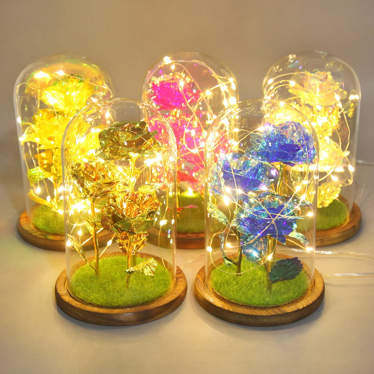 

3 Heads Galaxy Rose Eternal 24k Gold Foil Flowers In Glass 8 kinds of light Led Lights Gifts For Valentine's Day Wedding