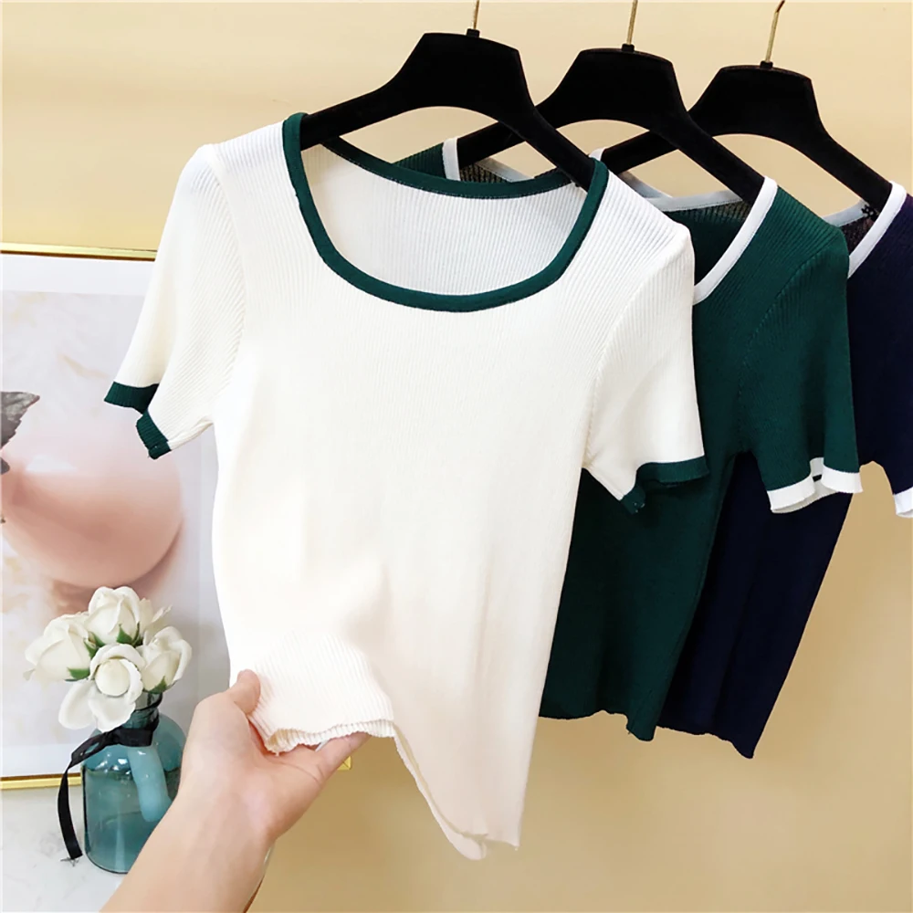 

Fashion Sexy Slim Skinny Thin Knitted Short T Shirt Woman Short Sleeve O-Neck White Crop Tops Cropped Summer Clothes For Women