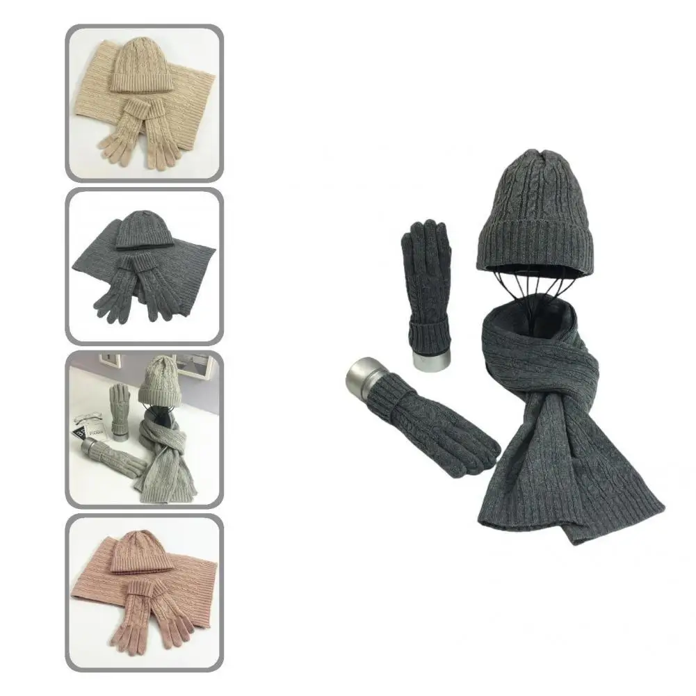 

Fashion Ribbed Cuff High Density Warm Pure Color Cap Scarf Gloves Unisex Cap Scarf Gloves Scarf Hat Gloves Set 3Pcs/Set