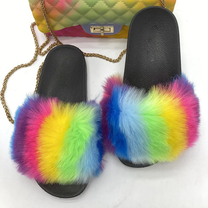 

Women Slippers furry Fluffy Fur Slides Home Flip Flops Fashion House Shoes Flats Color Woman Female Ladies Slippers For Women