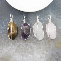 1pcs natural tiger eyeamethysts faceted wire wrapped pendant rosewhite crystal quartz nugget necklace diy jewelry women gift