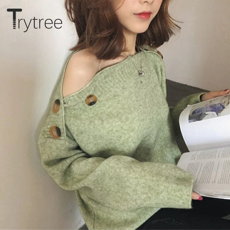 Осень-зима 2020 Женский Повседневный свитер Trytree с воротником-лодочкой однотонный
