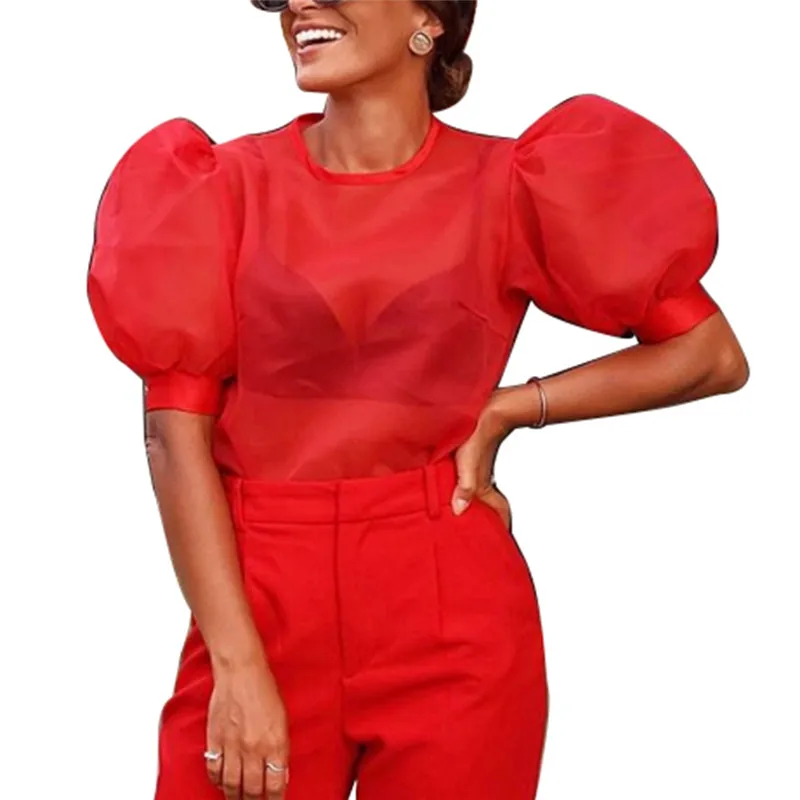 Модная женская однотонная прозрачная блузка с коротким рукавом сексуальная