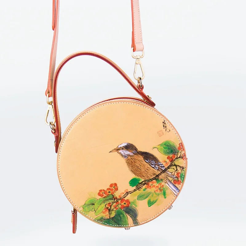 

20x20CM High-end Custom Hand-painted 2020 Leather Women's Bags Cow Leather Small Round Shoulder Bag Retro a6982