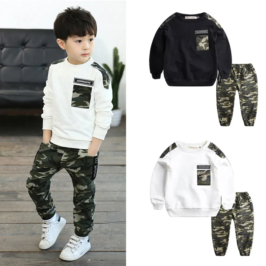 2019 Autumn and winter hot children's clothing boy casual sportswear letter top + camouflage pants suit детская одежда 40* |