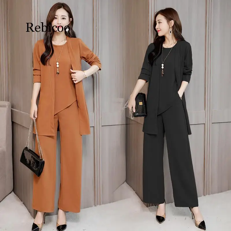 Женский Осенний Комплект из трех предметов Свободный пуловер с круглым вырезом и