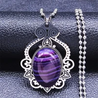 bohemia flower stainless steel purple stone charm necklace for women silver color necklaces chain jewelry cadenas mujer n3695s04