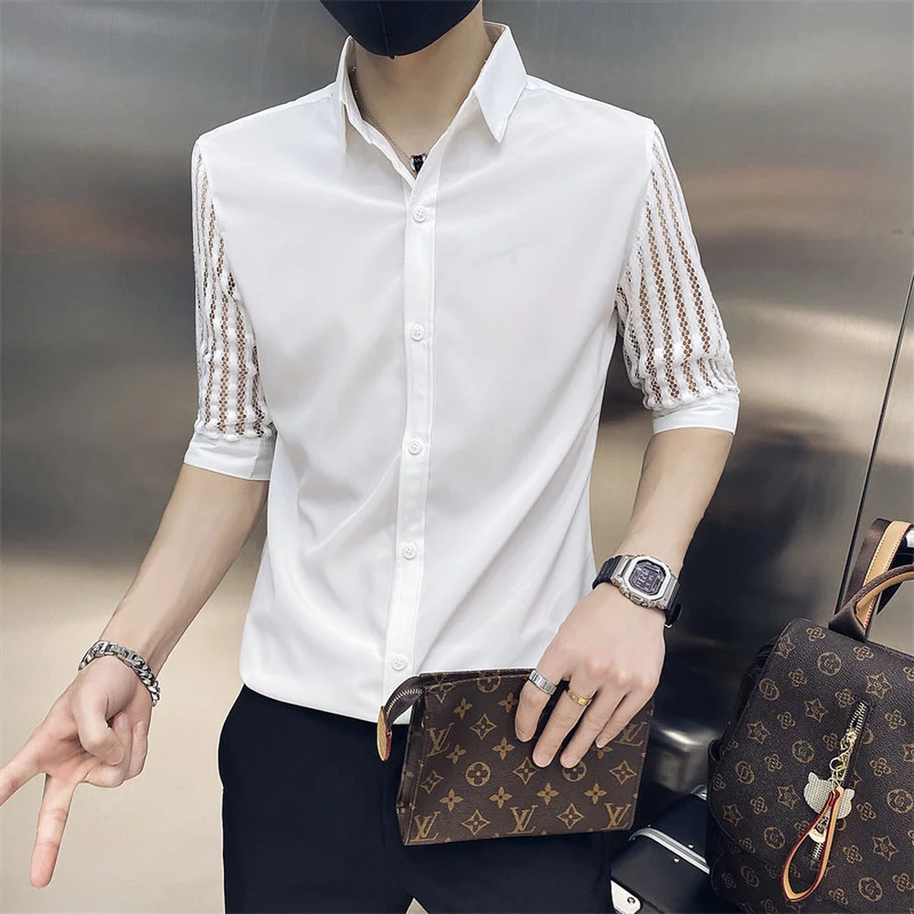 

Summer Solid Color Shirts Men Lace Sleeves Half Sleeve Casual Business Formal Dress Shirt High Quality Slim Social Male Clothing
