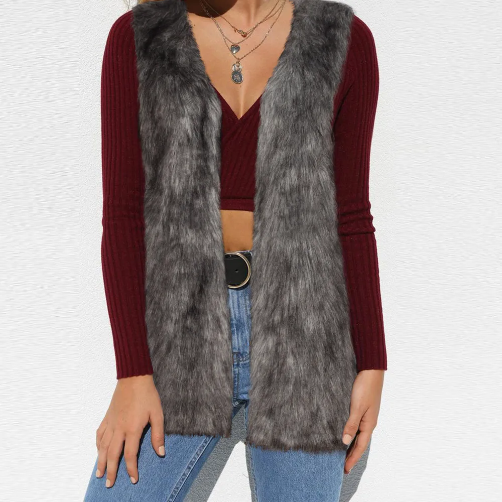 2019 осень зима женское короткое пальто из искусственного меха без рукавов v образный вырез мягкий ворсистый