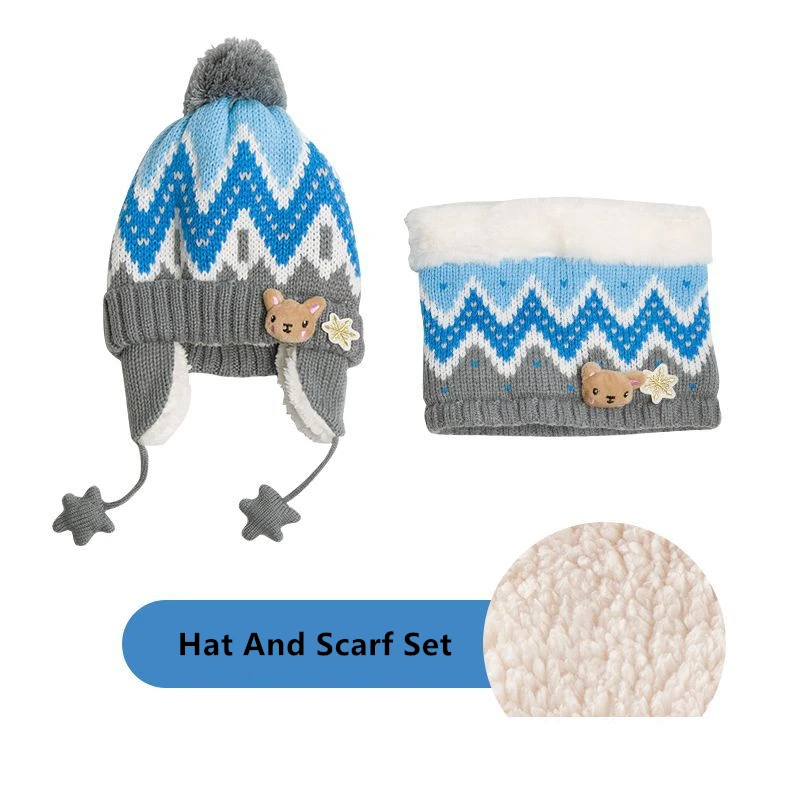 Hat And Scarf Set Зимний детский шарф, шапка и наборы с перчатками, детская шапка со снежинками и шарфом из мультфильма, теплые бархатные шапочки - Цвет: Hat And Scarf Set