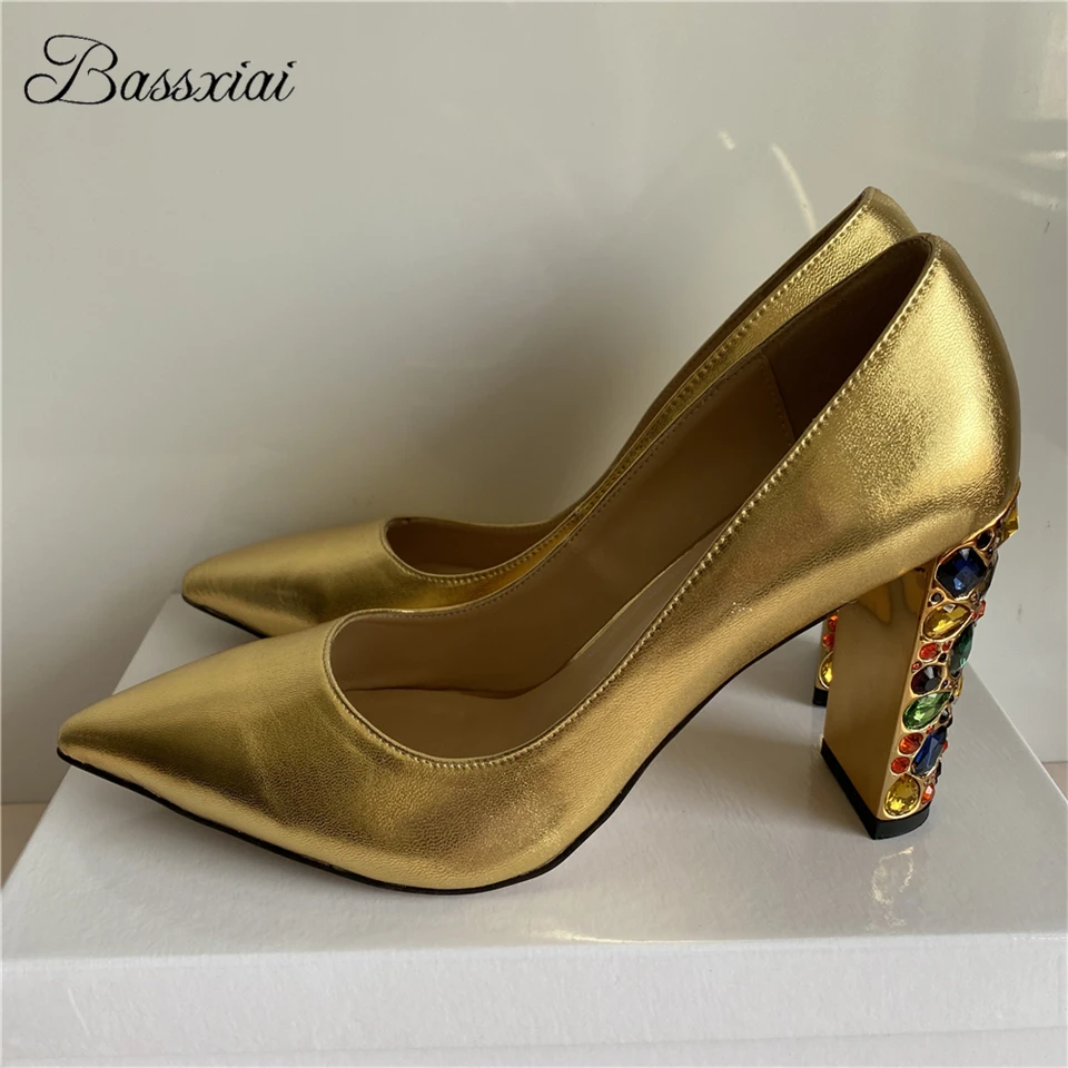 

Crystal Rhinestone High Heel Dress Shoes Woman Sexy Point Toe Genuine Leather Colorful Diamond Heels Women Pumps
