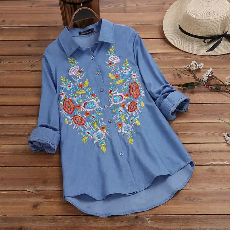 

Elegant Women's Embroidery Blouse 2021 ZANZEA Denim Blue Shirts Long Sleeve Blusa Female Lapel Button Floral Tunic Oversized