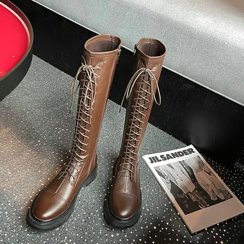 

Genuine Leather Women Autumn Winter knee high Boots Cross Tied +side zipper Chunky Heels Shoes Women Fashion Party Shoes Woman