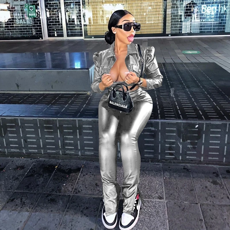 

TNNAOFF Plus Size Pu Leather Two Piece set for Women Long Sleeve button short Crop Tops fashion Straight leg pants Matching Sets