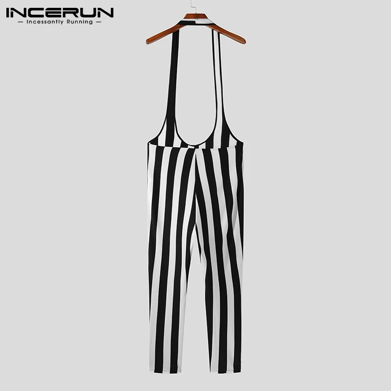 Fashionable All-match Simple Men's Onesies Black&white Stripes Sleeveless Pants Suspender Trousers Casual Style Jumpsuits S-5XL