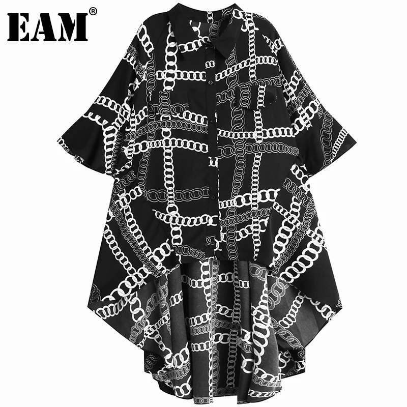 

[EAM] Женская Асимметричная блузка большого размера с принтом, новая свободная рубашка с отворотом и рукавом три четверти, модная весенне-лет...