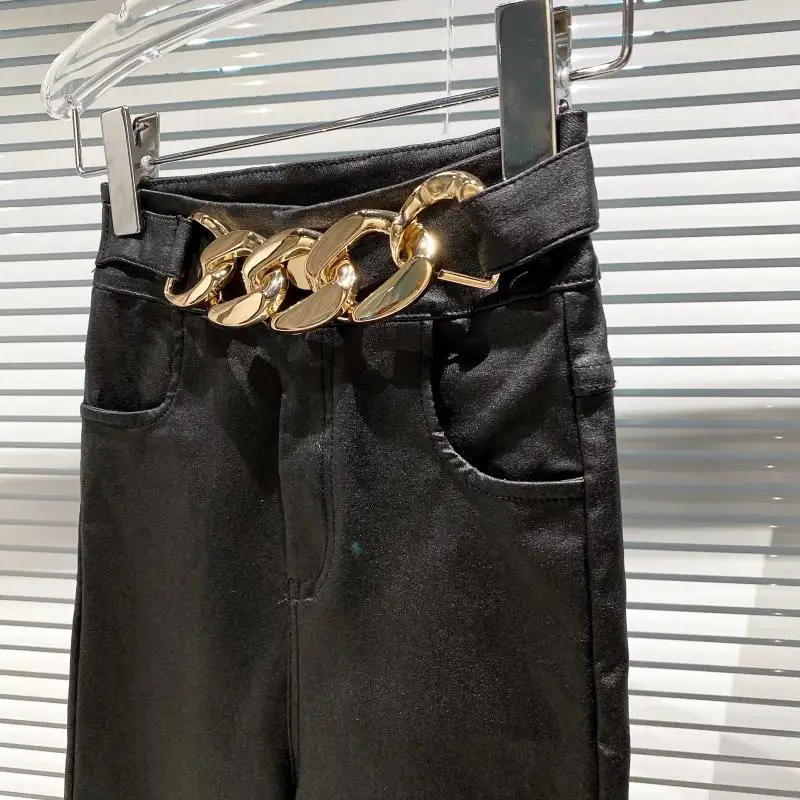 

Metal chain plus velvet elastic jeans women high wasit skinny pencil leggings