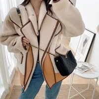 lamb korean coats women loose casual stitching contrast color faux fur jacket mujer chaqueta