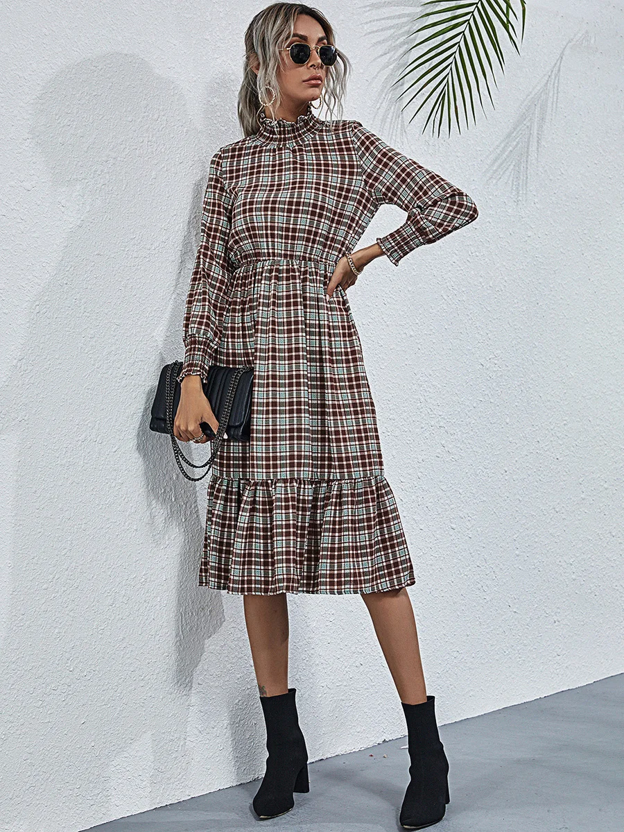 

Only Plus Autumn 2021 Aesthetic Turtleneck Swing Skirt Elegant Plaid Chiffon Dresses For Women Office Lady High Waisted Robe