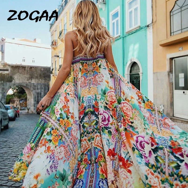 

ZOGAA Boho Summer Dress Women Floral Printed Strapless Slip Maxi Dresses Party Holiday Vocation Wear Beachwear Sundress