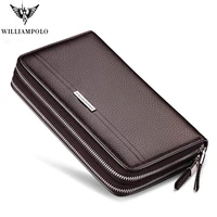 williampolo leather vintage solid clutch bag phone and card brand mens wallet double zipper genuine leather handy purse