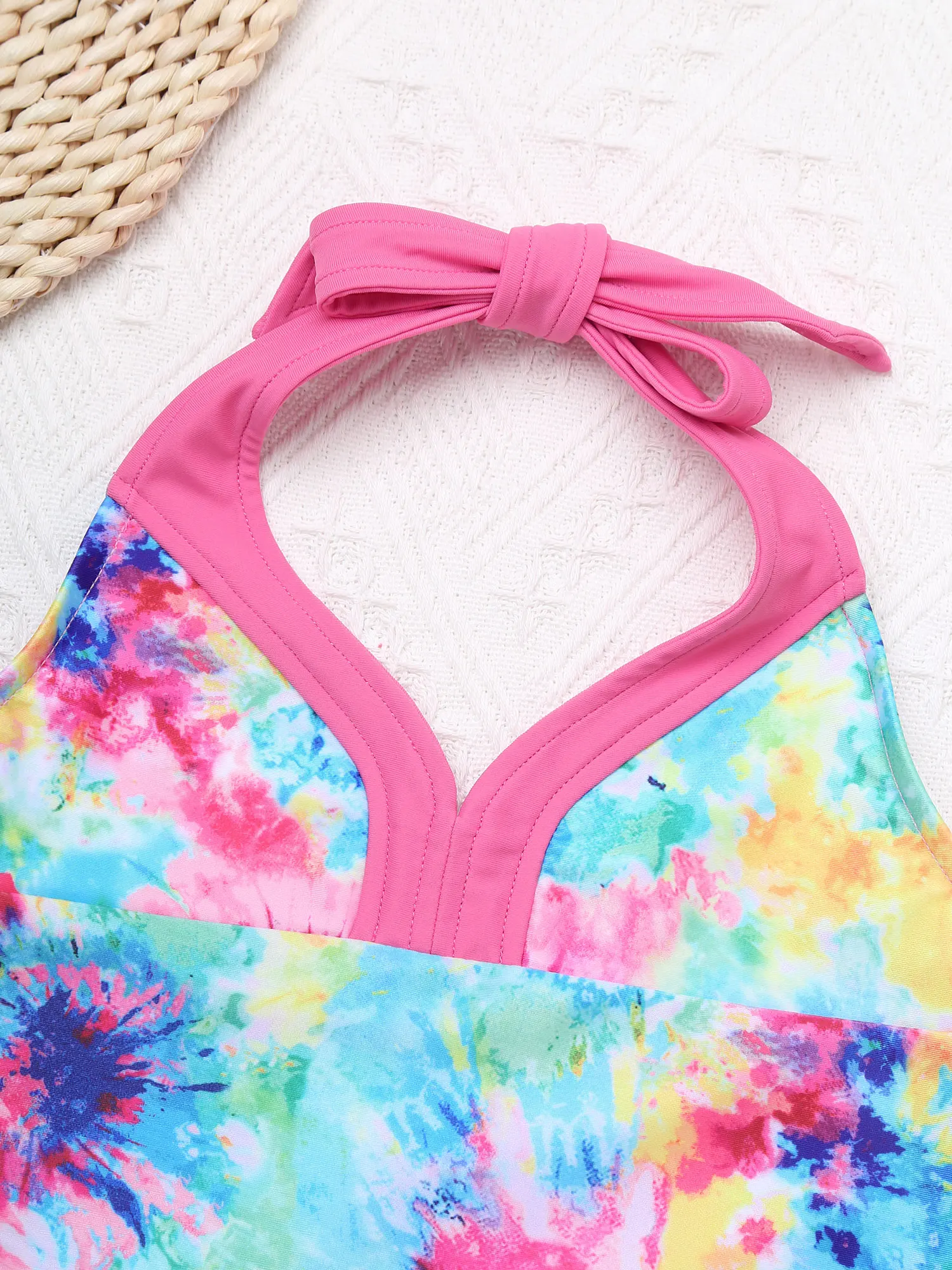 Детский купальник для девочек с лямкой на шее топ эластичным поясом женский