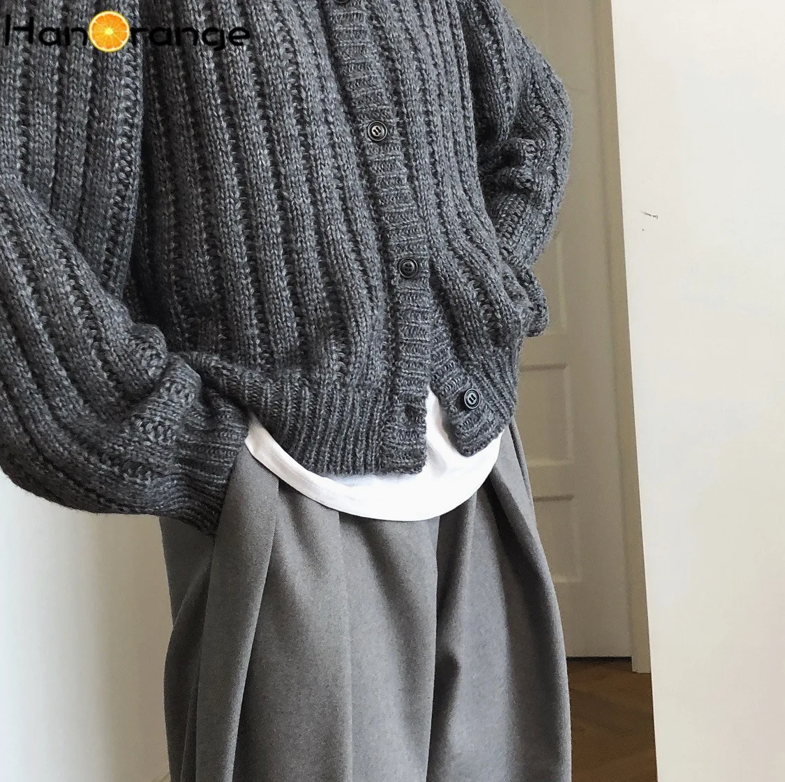 

Early Spring Autumn Gray Wool Sweater Cardigan Loose All-match Soft Short Knitwear Women Tops Outwear