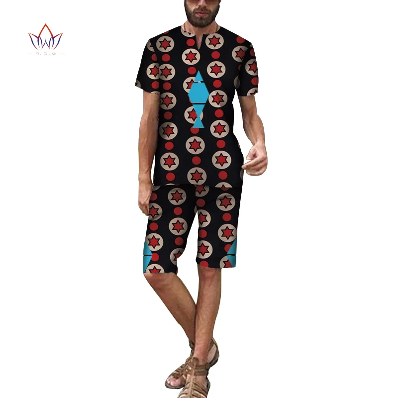 

Летняя одежда в африканском стиле, мужские лоскутные рубашки и короткие штаны, Bazin Riche, африканская одежда, 100% хлопок, мужские комплекты из 2 п...