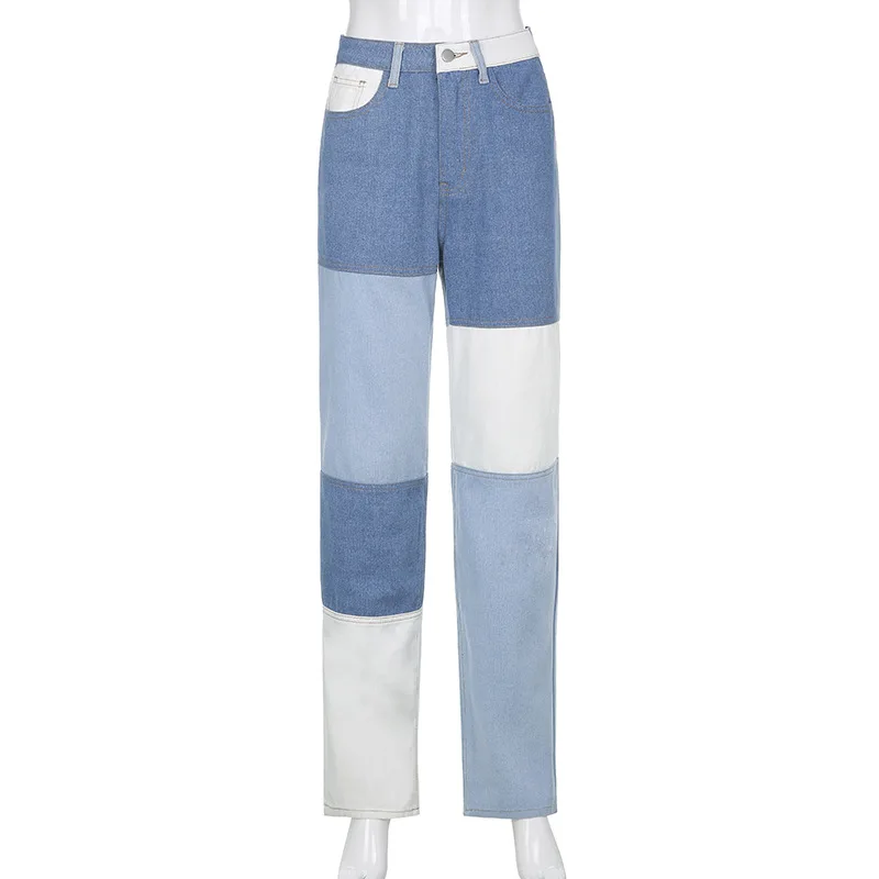 

High Waist Panelled Patchwork Jeans Women Fashion Wide Leg Baggy Straight Pants Y2K Girls Streetwear White Blue Denim Trousers