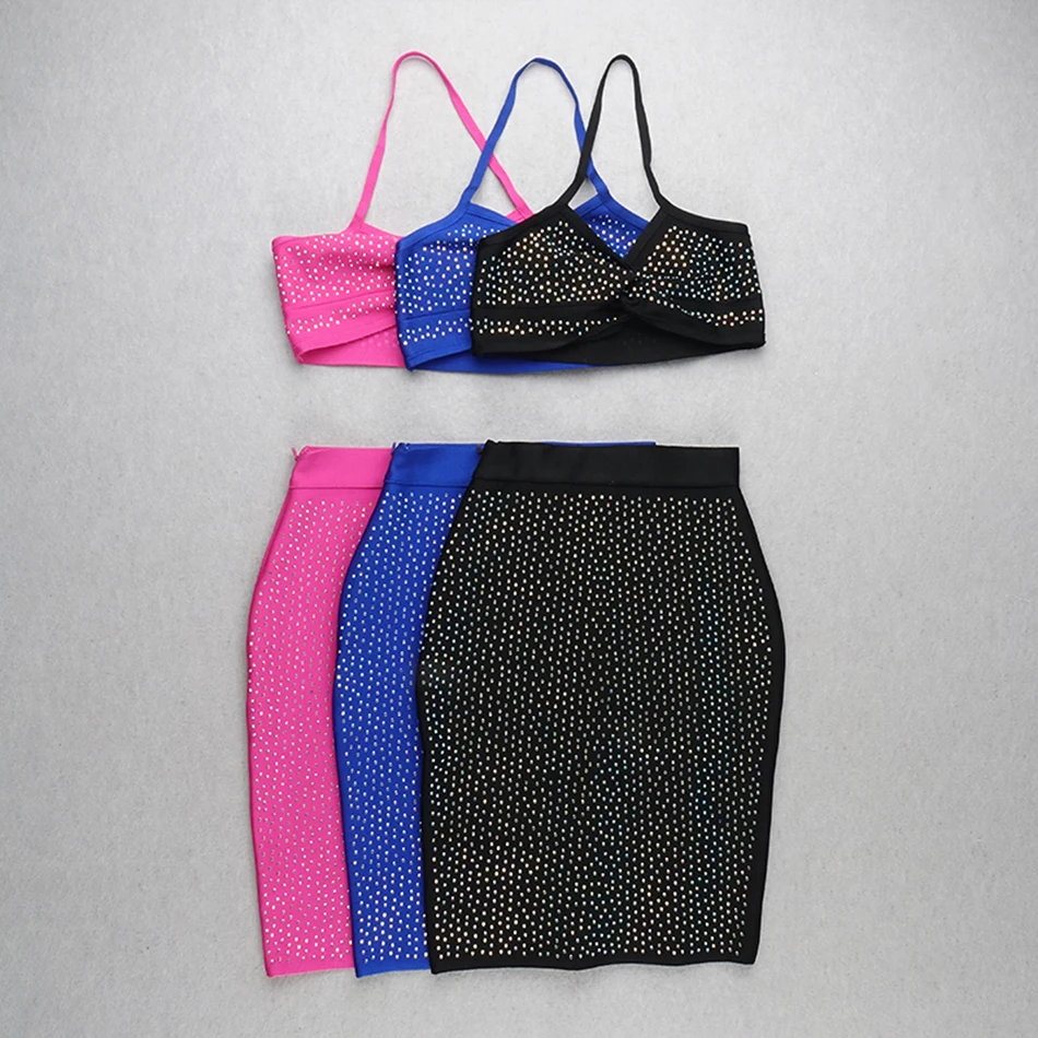 2019 New Women'S Beaded 2 Two-Piece Bandage Dress Sexy Sleeveless Halter Crystal Bodycon Mini Club Party Vestidos | Женская одежда