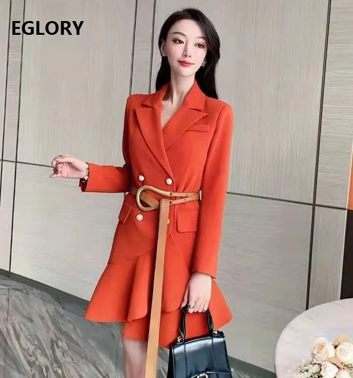 

Blazer Dress 2021 Spring Fashion Business Inspired Women Notched Collar Ruffle Deco Long Sleeve Orange Blazer Outfits Ladies