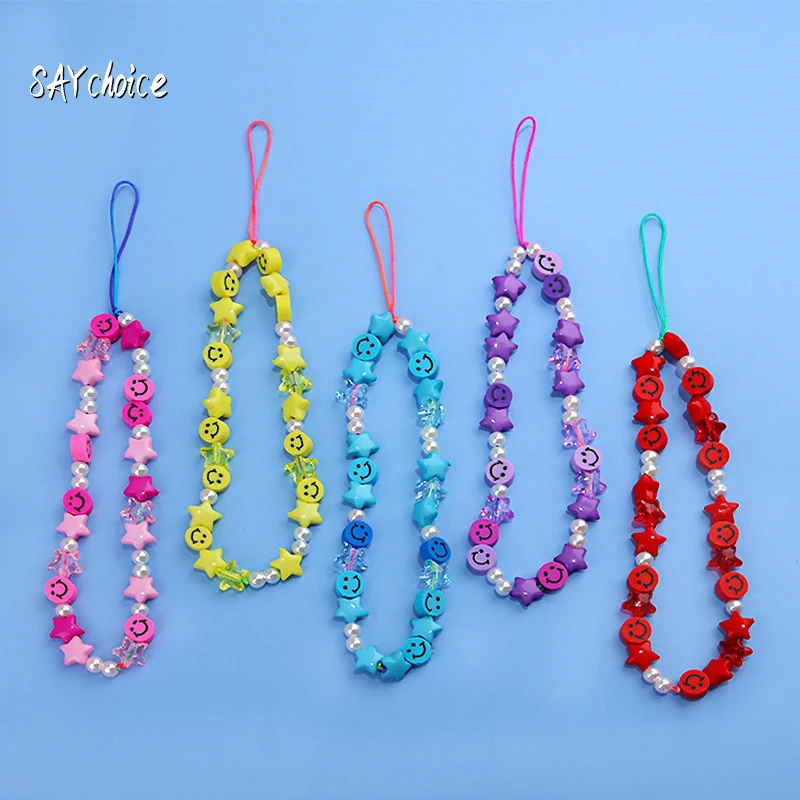 

SAYchoice Color Star Smiley Face Anti-Lost For Phone Chain Beaded For phone Lanyard Wrist Strap Rainbow Color Beaded Chain