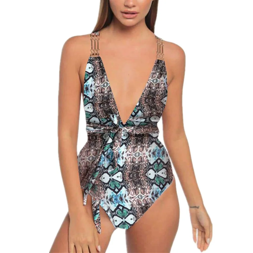 

ZERACA Sexy 2021 Printed Metal Acc Monokini Padded Women Swimwear One Piece Swimsuit Female Backless Bather Bathing Suit