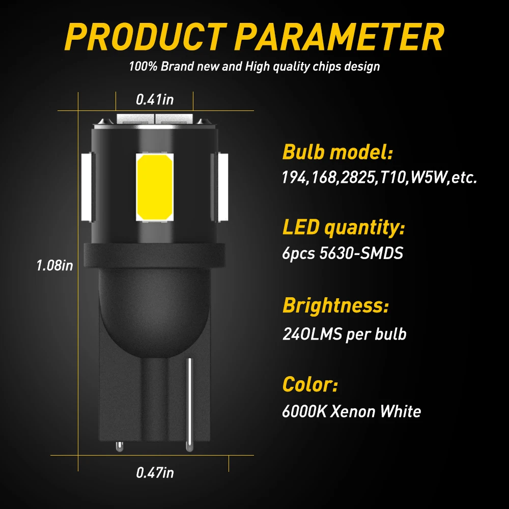 Светодиодная лампа T10 Led W5W 194 168 для салона автомобиля верхнее освещение чтения