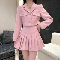 small fragrance tweed 2 piece set women crop top short jacket coat pleated skirt sets fall winter korean sweet two piece suits