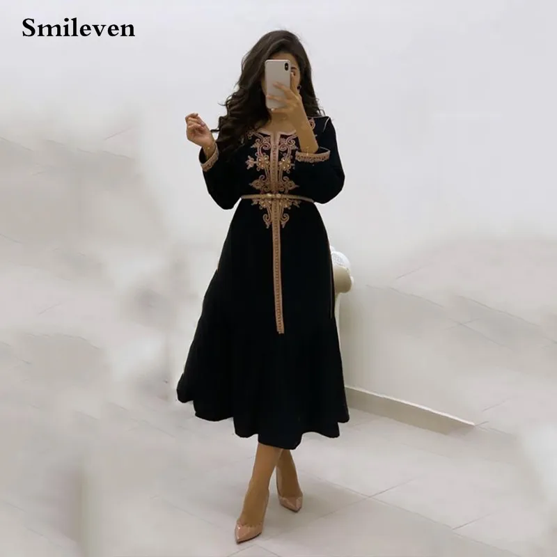 

Smileven Black Moroccan Kaftan Formal Evening Dress Gold Lace Appliques Arabic Muslim Dress Dubai Special Occasion Dresses