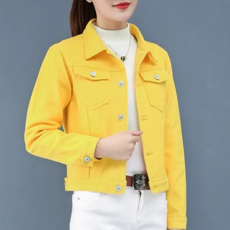 8 Colors pink yellow blue red black cropped jean jacket women 2021spring summer fall crop short denim coat C67 | Женская одежда