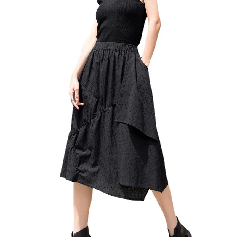 

IEQJ black casual elegant High Elastic Irregular l hollow long A-line Half-body Skirt Women Fashion Tide New summer 2021 3F1024