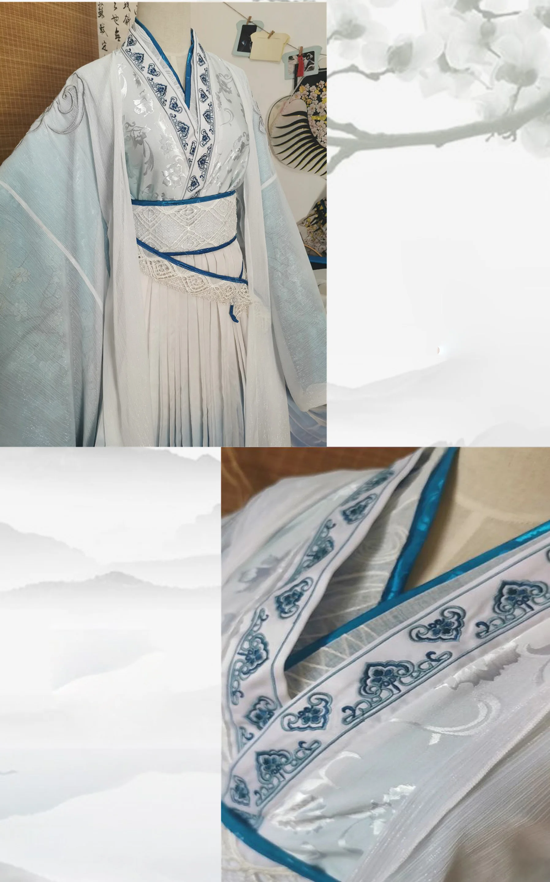 Костюм феи ханьфу с вышивкой унисекс бело синий костюм для аниме основатель