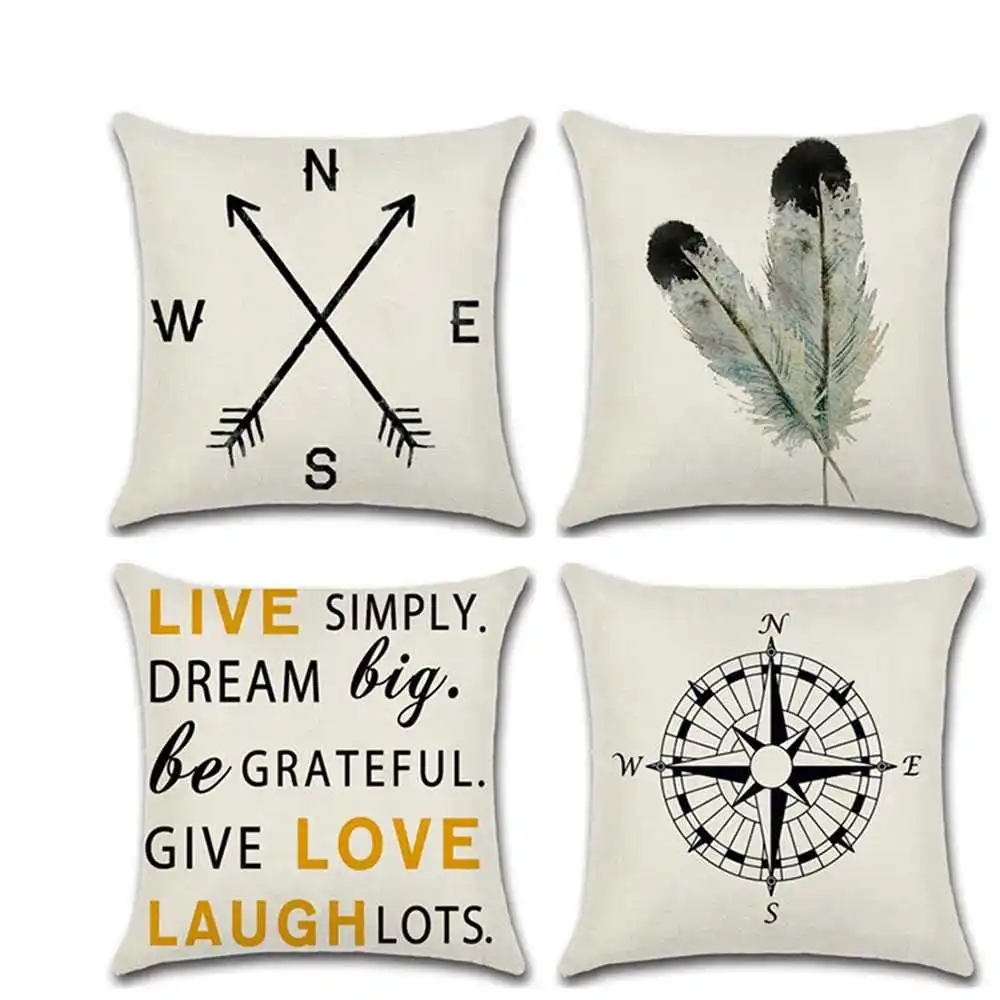 

Text Prints 45*45cm Compass Feather Cushion Cover Linen Throw Pillow Car Home Decoration Pillowcase