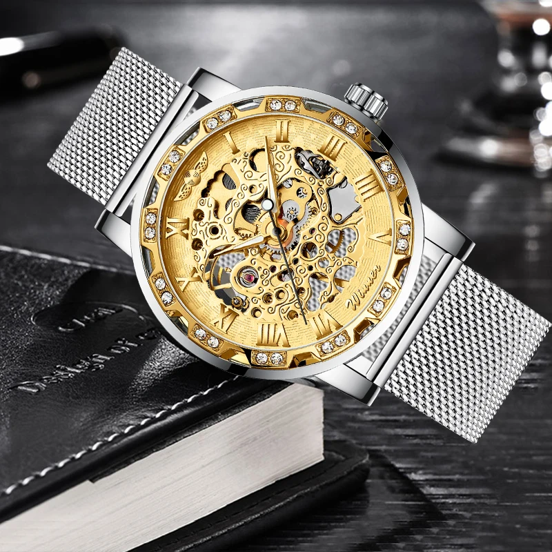 Часы WINNER Мужские механические золотистые прозрачные с римскими цифрами на