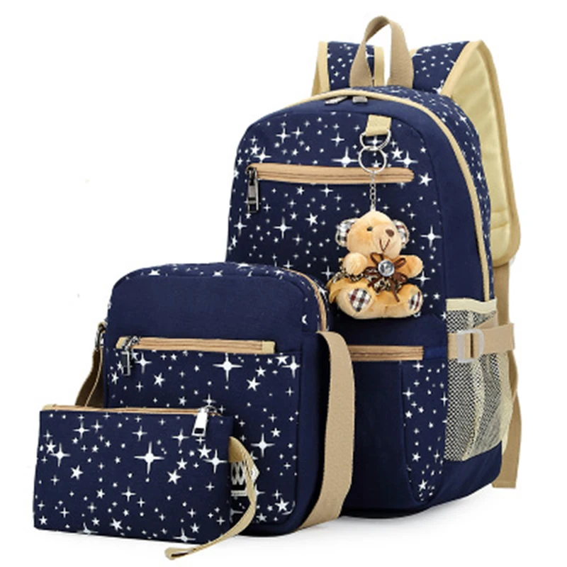 

Hot Selling Fashion Four piece Student Backpack Korean Canvas Printing Large Capacity Backpack College Style School Bag