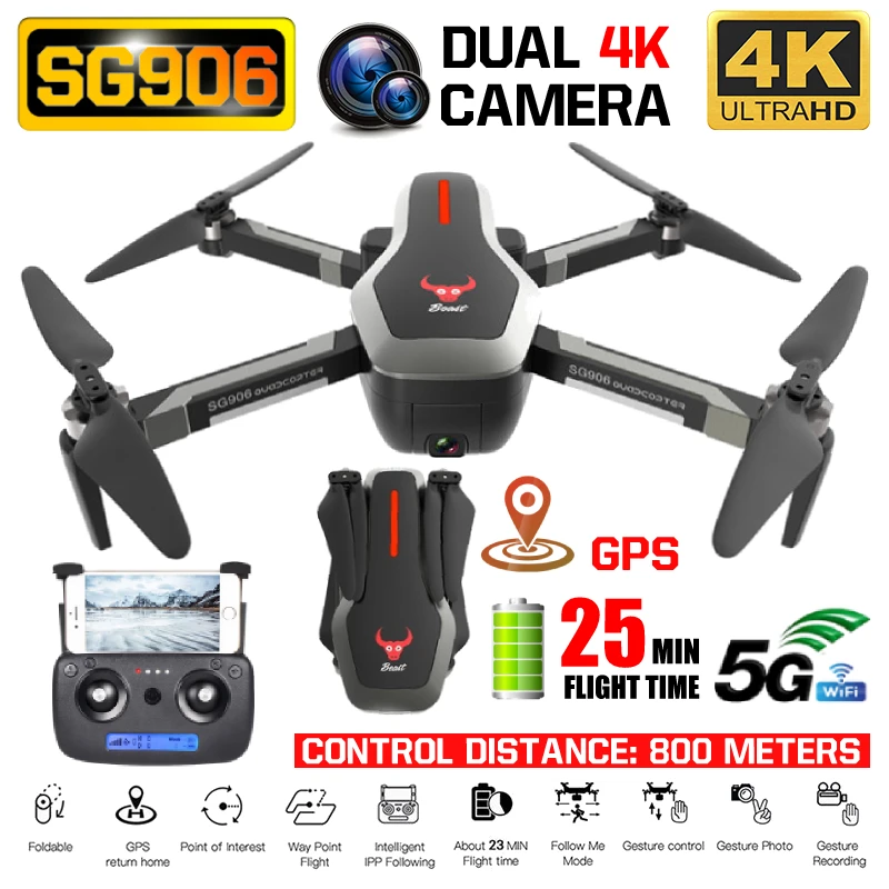 Радиоуправляемый квадрокоптер SG906 Дрон gps 4K HD камера 5G wifi FPV Бесщеточный мотор складной селфи дроны Профессиональный 800 м дальние расстояния