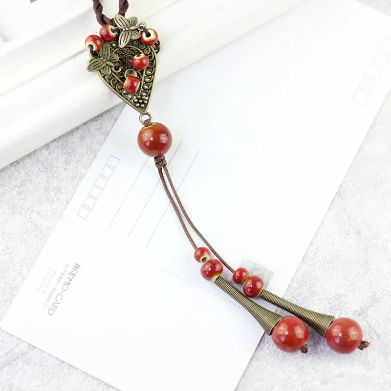 Женские кулон с кисточкой ожерелье керамическими бусинами в винтажном