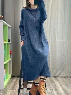 blue Новинка, зимний модный Женский вязаный свитер с отворотом, однотонное платье с длинным рукавом XA433 - Цвет: blue