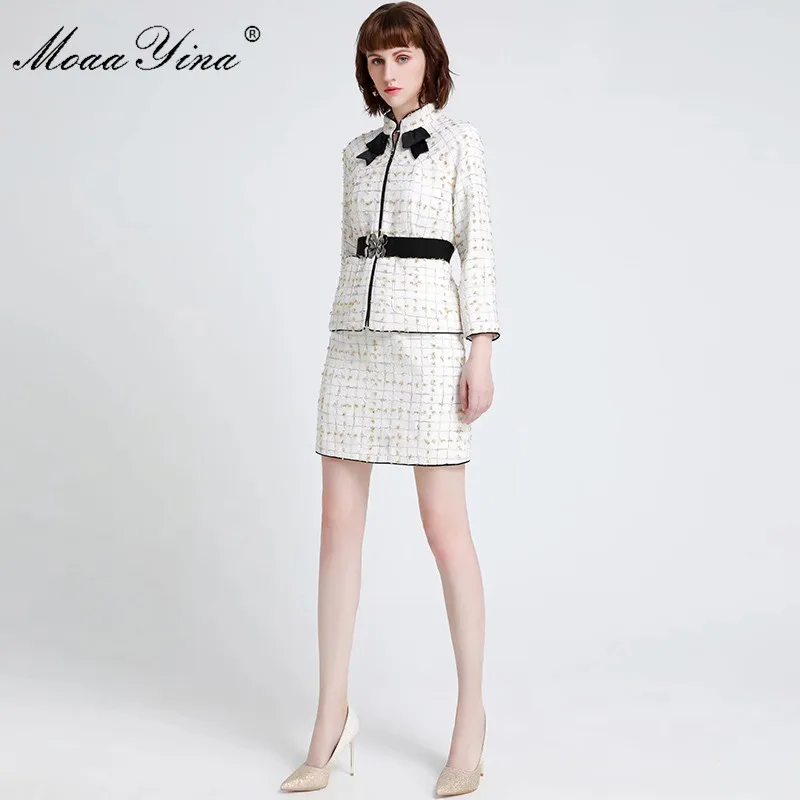 MoaaYina Fashion Designer Runway Suit Spring Women Long sleeve Plaid Elegant Tops+Short skirt high quality Two-piece set | Женская