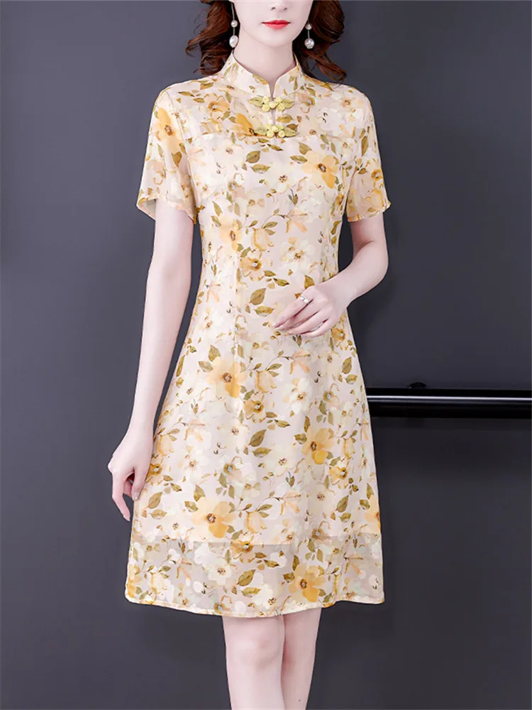 

Платье женское шифоновое с цветочным принтом, в китайском стиле