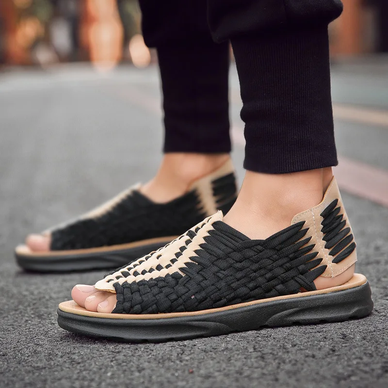

Large size Men knit sandal slip on beach shoes patchwork summer casual sandals peep toe shoes z167
